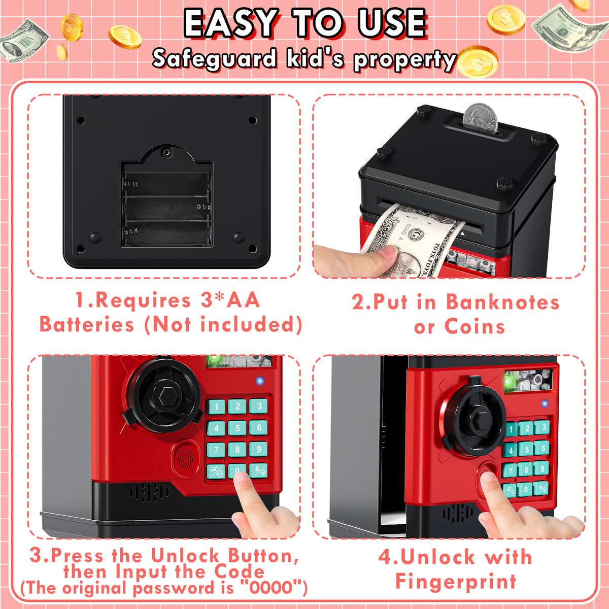 Piggy Banks for Kids, Fingerprint Recognition Electronic Money Saving Box with Password Protection, Automatic Paper Money Scroll - Red