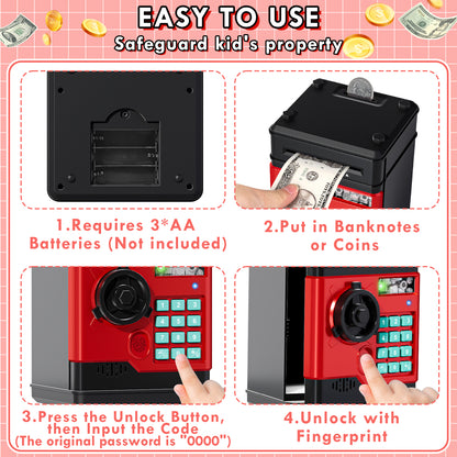 Piggy Banks for Kids, Fingerprint Recognition Electronic Money Saving Box with Password Protection, Automatic Paper Money Scroll - Red