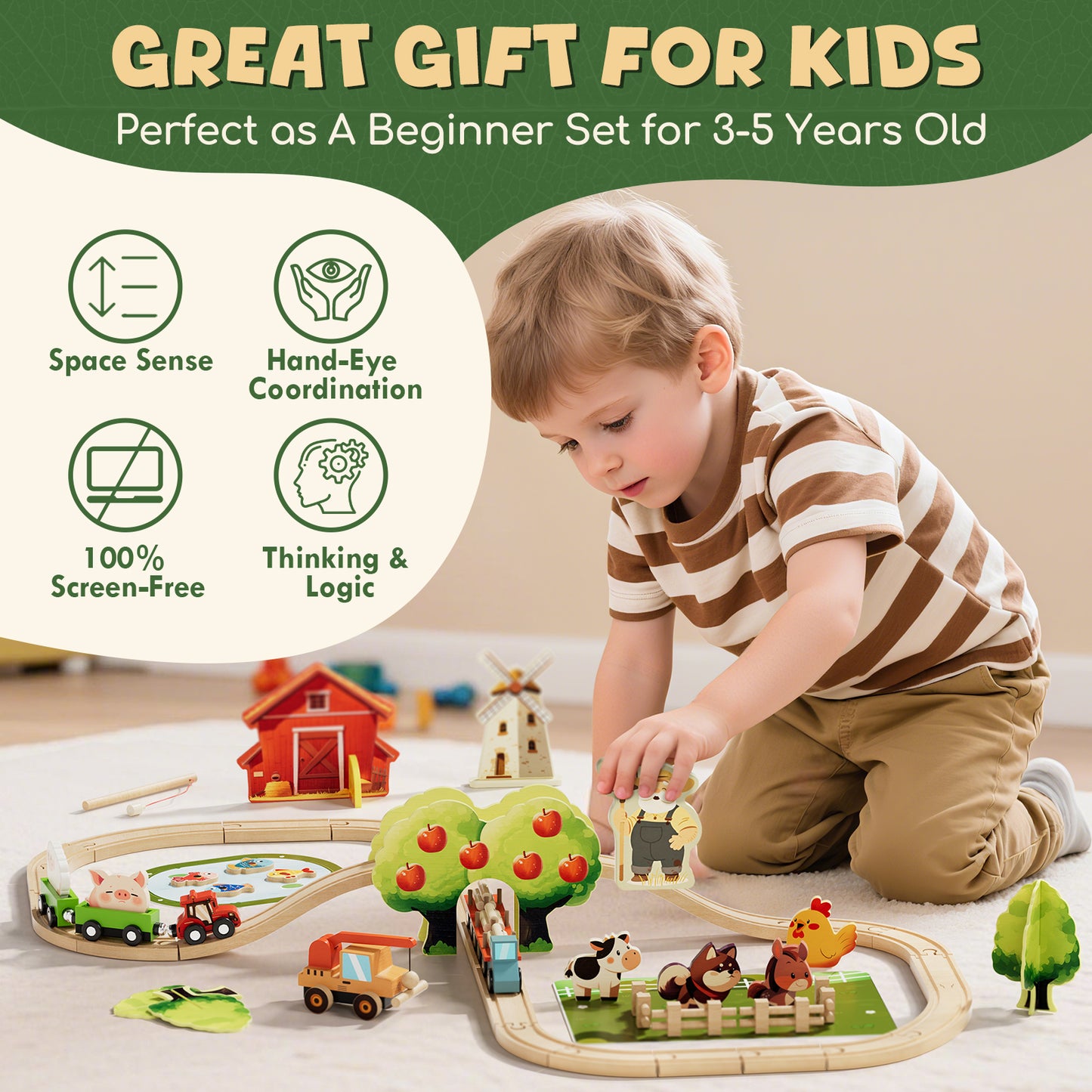 Farm Animals Train Toy Set, 77PCS Wooden Train Track Toy Set with Farm Accessories, Wooden Train Set for Kids 3 4 5 Year Old, Best Birthday Gift for Kids