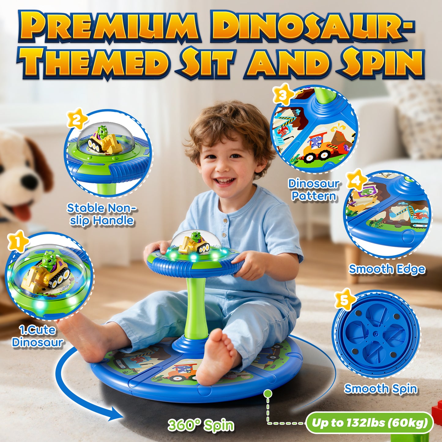 Sit and Spin Toys for Toddler, 360° Toddler Spinning Seat with LED Lights and Music, Spinning Toys for Toddlers 1-3 Year Old