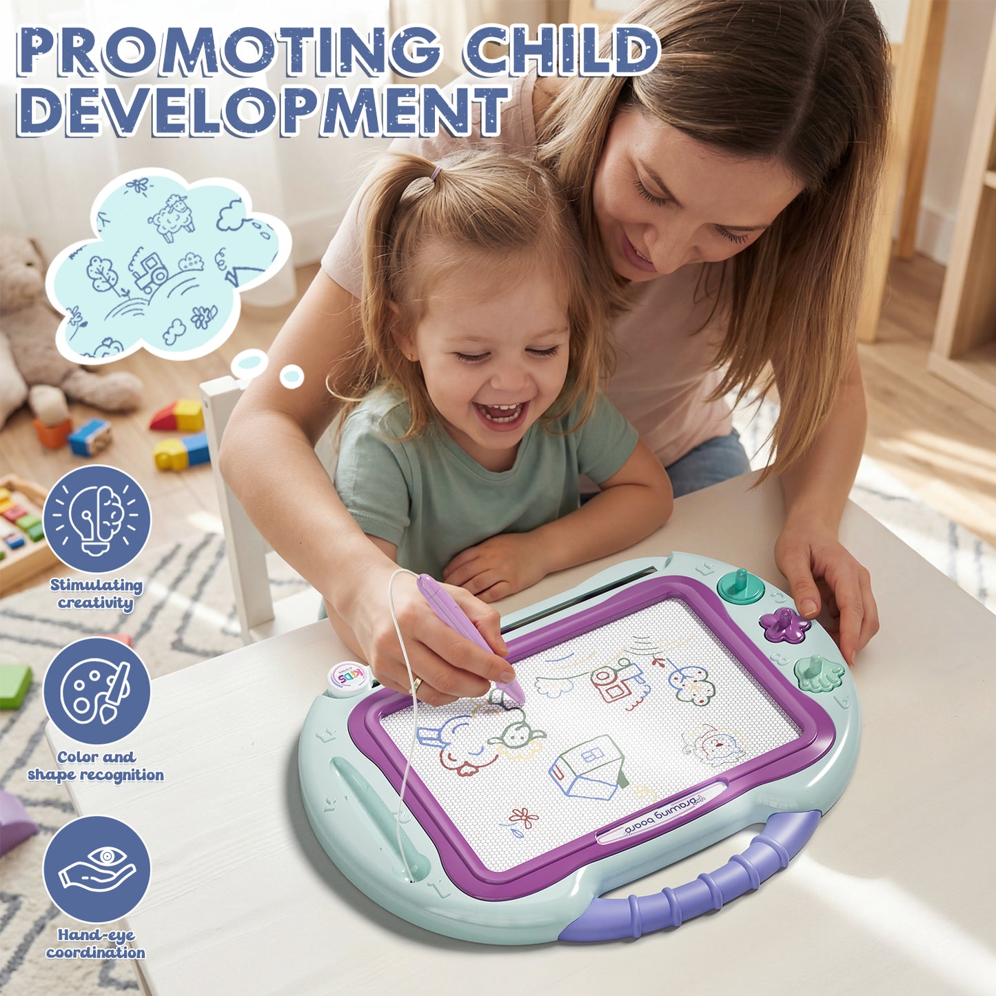 Magnetic Drawing Board for Toddlers 1-3, Erasable Sketch Writing Doodle Pad with 1 Magnet Pen & 3 Stampers, Education Learning Toys, Educational Toys for Toddlers Age 2