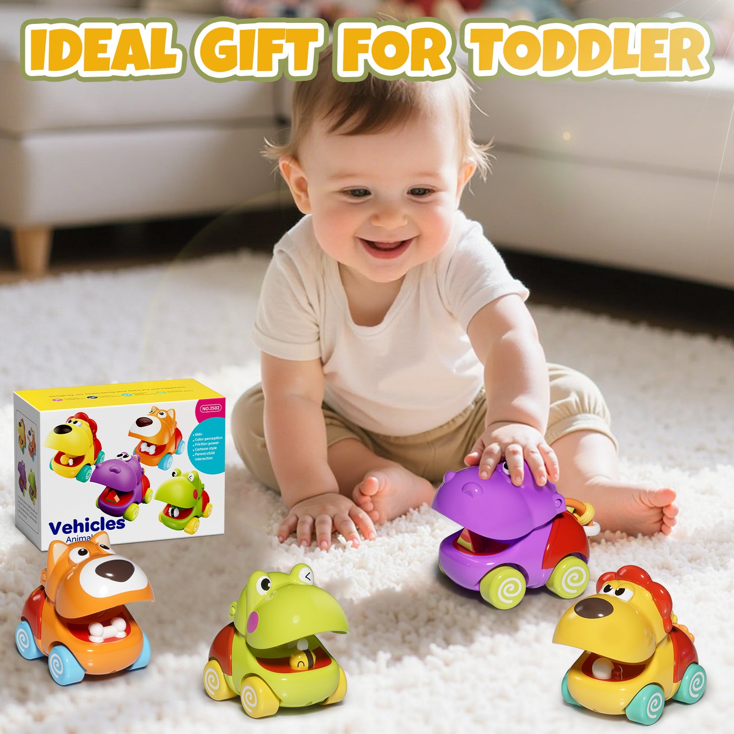 Toys for 1 Year Old, Baby Car Toy, 4 Pcs Pull Back Animal Car Toy for 12-18 Months, Baby Car Toy for 1 2 3 Year Boys Girls
