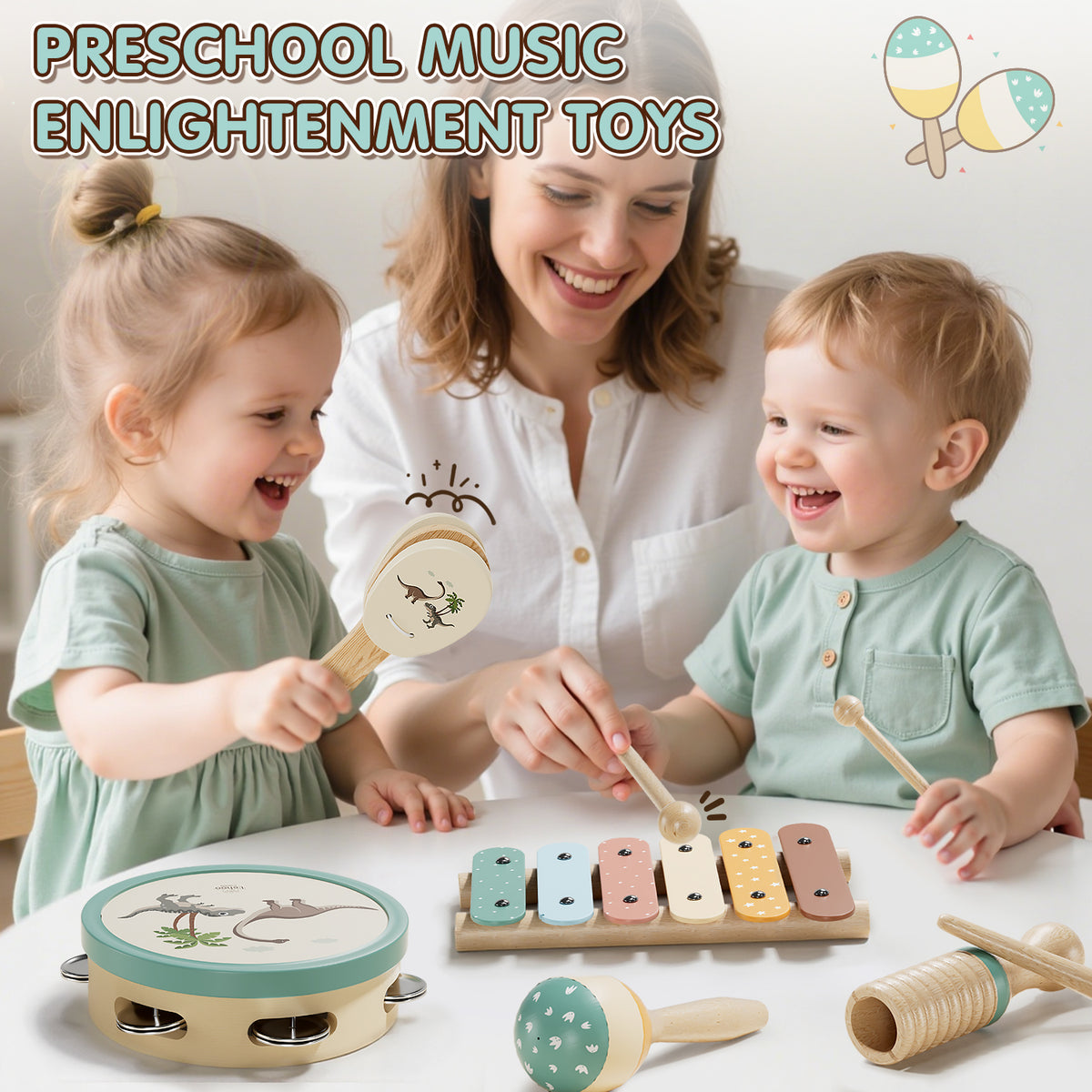 Musical Instruments for Kids, 1 Year Old Toys, Baby Musical Toys for 1 2 3 Toddler, Wooden Musical Toys with Xylophone & Tambourine, Dinosaur Toys, Montessori Learning Toys for 1 Year Old