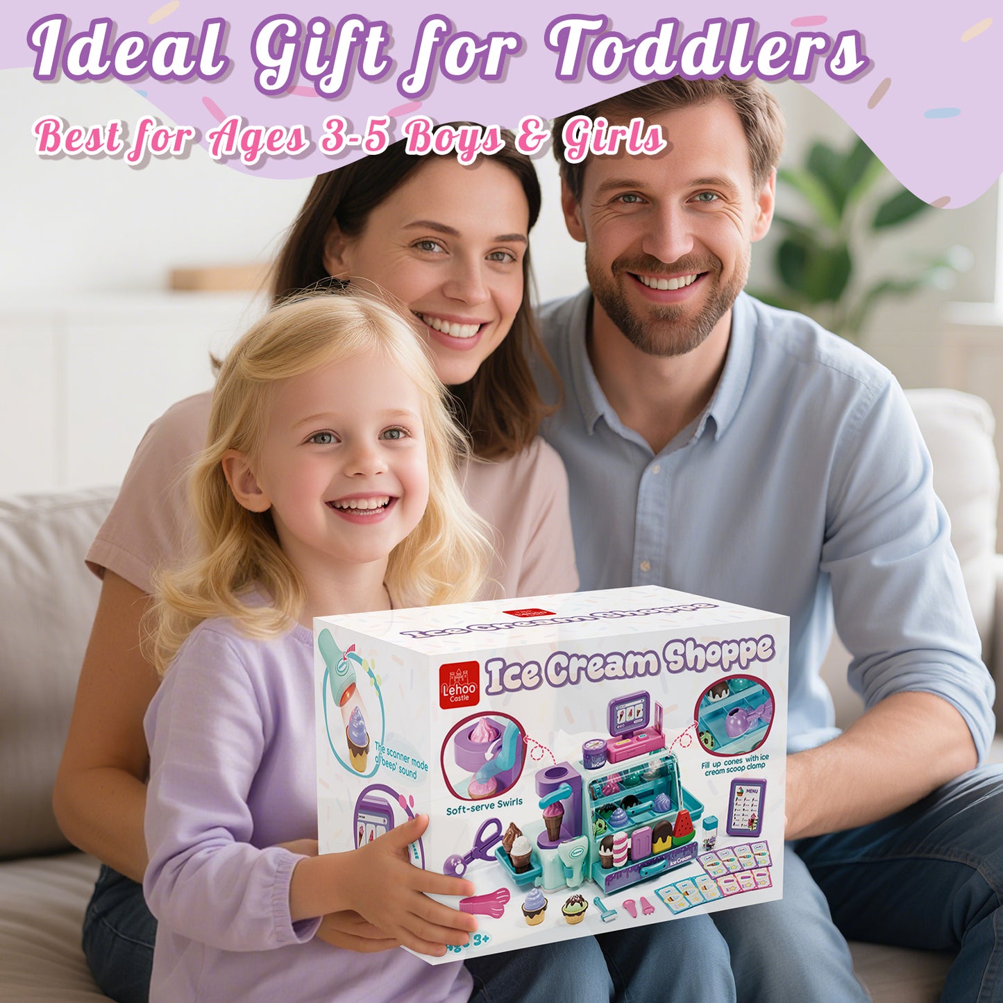 Ice Cream Toys for Toddlers 3-5, Pretend Play Food Toys for Girls, Ice Cream Counter Playset, Ice Cream Shop Toys for Kids, Include Checkout Counter with POS, Best Birthday Christmas Gift for Girls