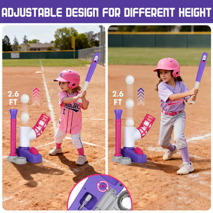 T Ball Set Toys, Baseball Sports & Outdoors Toy with 6 Balls & Auto Baseball Launcher, T Ball Set for 2 3 4 5 Year Old - Pink