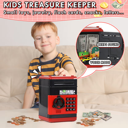Piggy Bank for Kids Girls Boys, Large Electronic Money Saving Box with Password Protection, Automatic Paper Money Scroll - Red