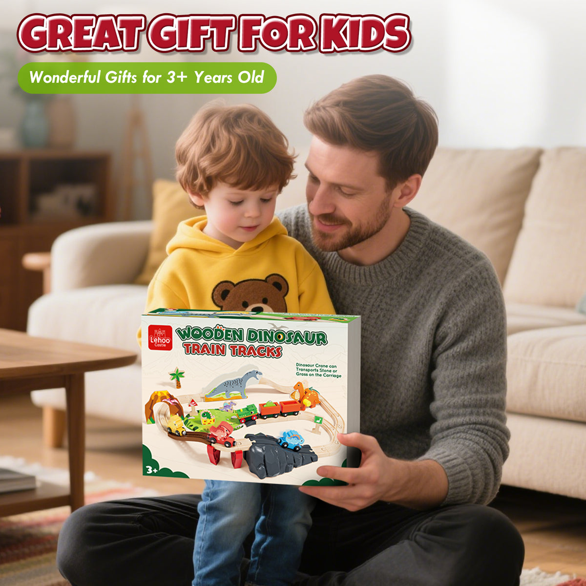 Train Set, Wooden Train Set for Kids Ages 4-8, Railway Track Toy Set with Locomotive, 3 Dinosaur Cars, Compatible with Other Brands