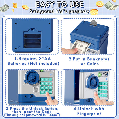 Piggy Bank Toy with Password and Fingerprint Unlocking Simulation, Automatic Electronic Piggy Bank with Music for Kids, Cash Coin Can ATM Bank for 3 4 5 6 7 8 9 Year Old Boys Girls - Blue