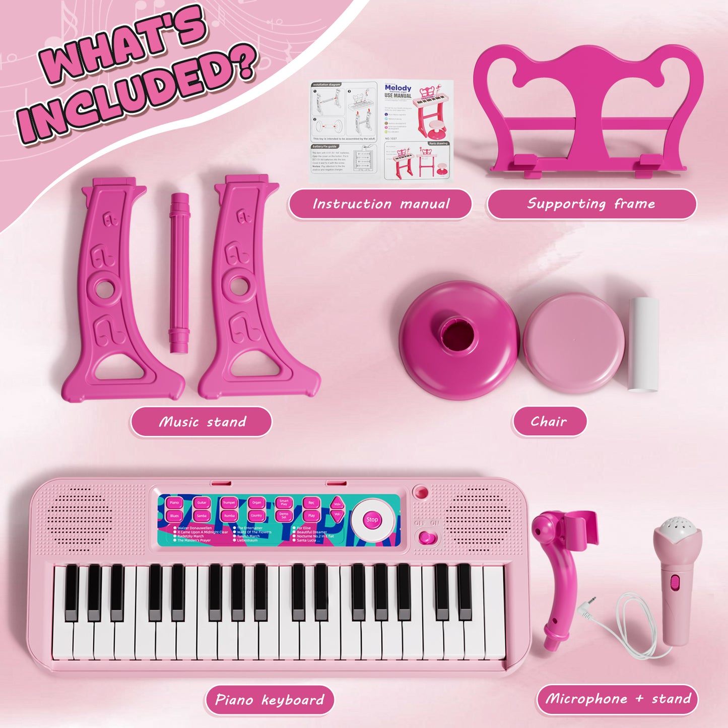 Keyboard Piano for Kids, 37 Keys Musical Instruments with Microphone & Stood & Chair, Musical Toys for 1 2 Years, Birthday Christmas Gifts for 1 2 3 Year Old Girls