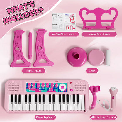 Keyboard Piano for Kids, 37 Keys Musical Instruments with Microphone & Stood & Chair, Musical Toys for 1 2 Years, Birthday Christmas Gifts for 1 2 3 Year Old Girls