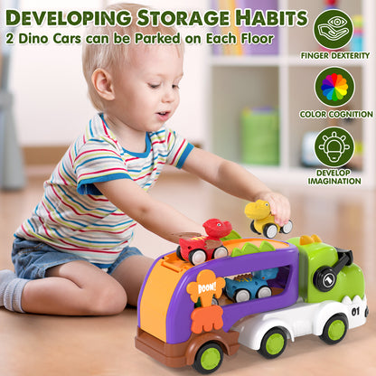 Toys for 2 Year Old Boys, Toddler Dinosaur Truck with Sounds & Lights, Toys Cars Set with Race Track, Pull Back Cars Baby Toys, Toys for Boys 2 to 4 Years Old, Best Birthday Christmas Gifts