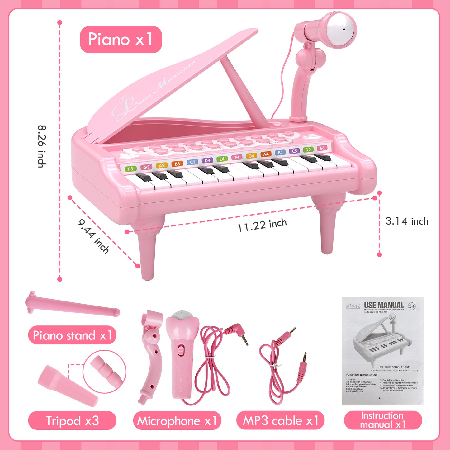 Piano Keyboard Toy for Girls - Toys for 1 2 3 Years Old Girls, 24 Keys Toddler Piano Music Toy Instruments with Microphone, Birthday Gift Toys for Girls Boys Aged 1 2 3