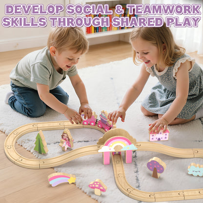 Train Set, 39 Pcs Wooden Train Set for Kids, Train Toy for Girls Boys 2 3 4 5 Year, Unicorn Train Track Set with 4 Magnetic trains & Accessories, Compatible with Other Brands