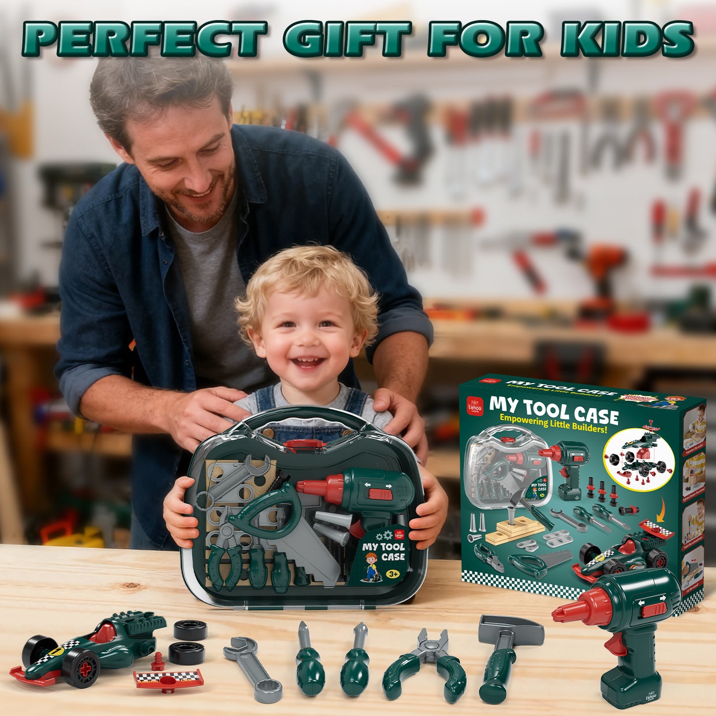 Kids Tool Set for Boys 2-4, Kids Tool Set with Carrying Case & Toy Drill & Racing Car, Montessori Stem Educational Pretend Play Construction Toy, Toys for 3 Year Old Boys Birthday Gifts