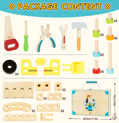 Toys for Boys 3-6 Year, Kids Tool Set, Wooden Tool Box Set, Construction Toys for Boys with Tool Accessories, Pretend Play Construction Toys for Boys 3 4 5 6 Year Old