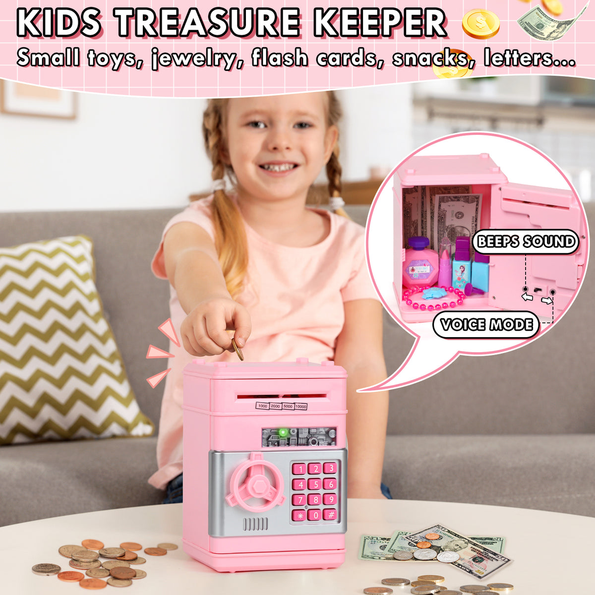 Piggy Bank for Kids Girls Boys, Large Electronic Money Saving Box with Password Protection, Automatic Paper Money Scroll - Pink