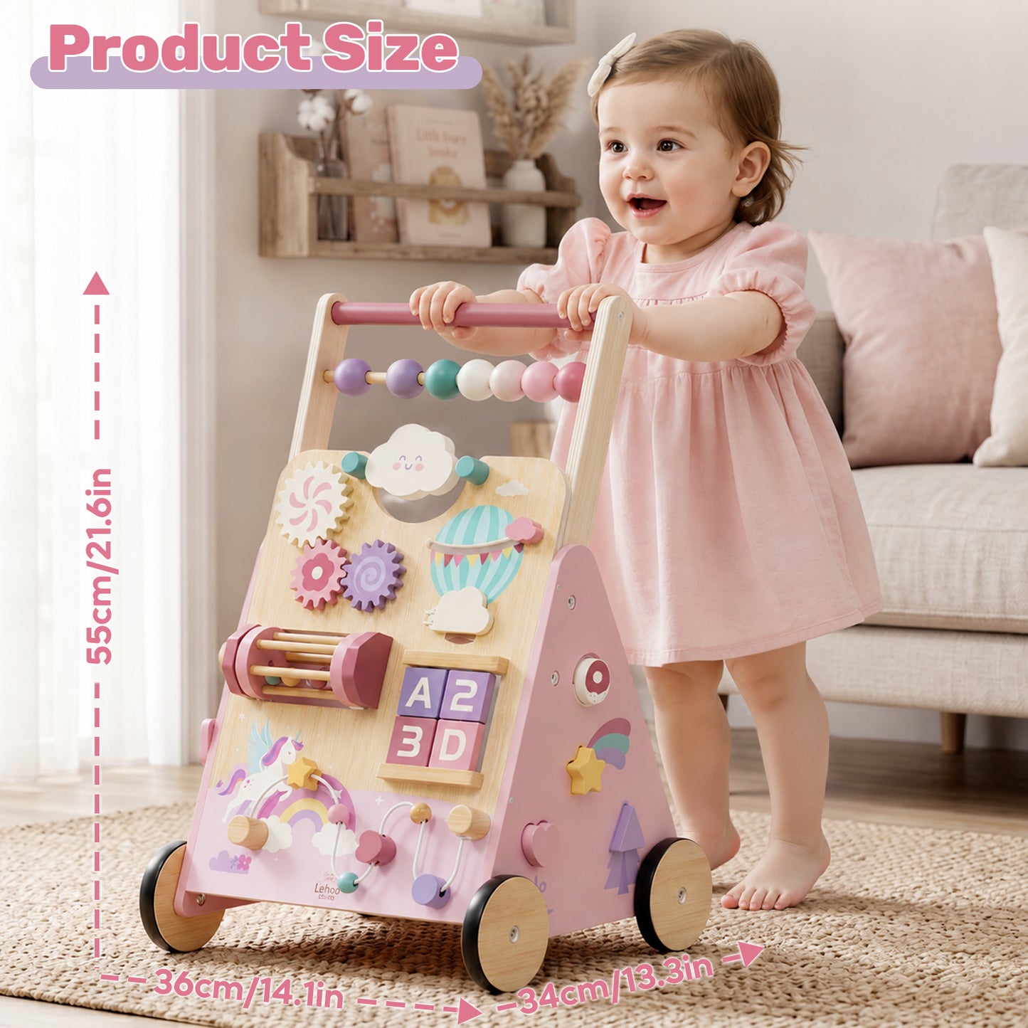 Baby Walker, Wooden Baby Push Walker with Activity Center, Push Walker Toys for Toddler Learning to Walk & Sit-to-Stand, Walking Toys for 1 Year Old