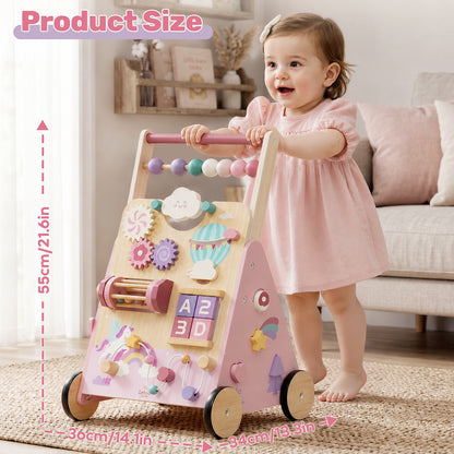 Baby Walker, Wooden Baby Push Walker with Activity Center, Push Walker Toys for Toddler Learning to Walk & Sit-to-Stand, Walking Toys for 1 Year Old