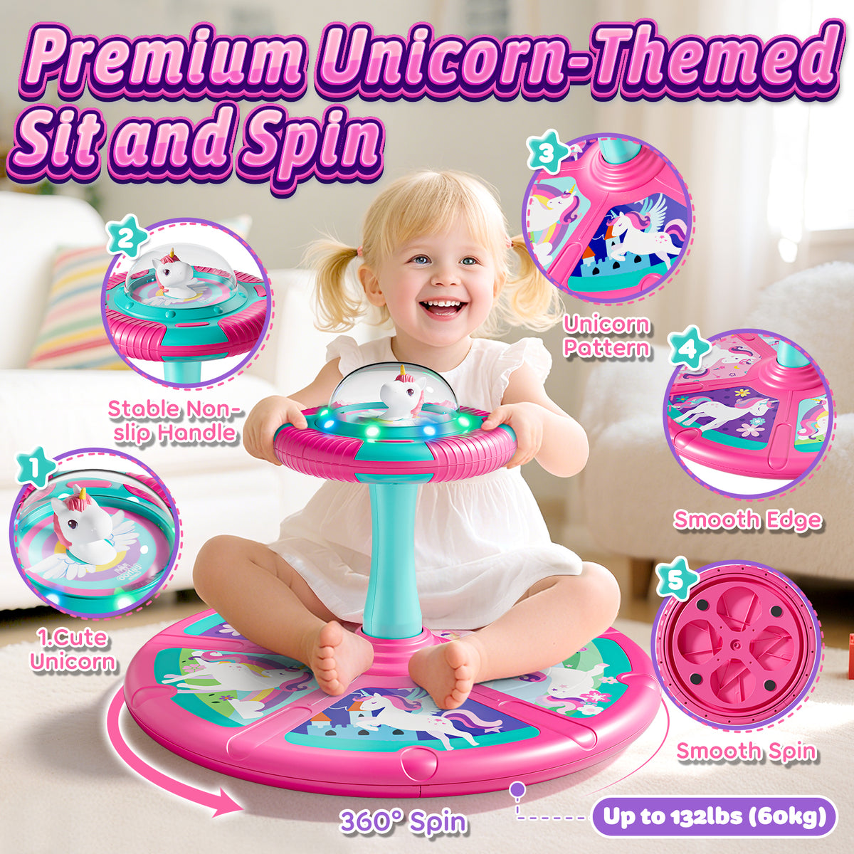 Sit and Spin Toys for Toddler, 360° Toddler Spinning Seat with LED Lights and Music, Spinning Toys for Toddlers 1-3 Year Old