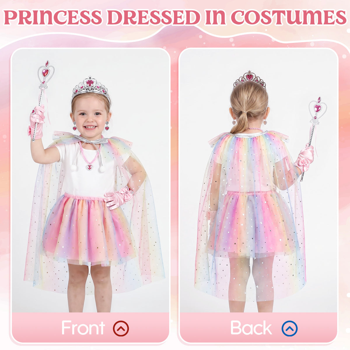 Princess Dress Up for Girls Ages 3-6, Pink Rainbow Princess Costume Set with Cape, Gloves, Crown, Wand & Jewelry, Pretend Play Dress Up Clothes, Birthday Christmas Gifts for Toddler Girls