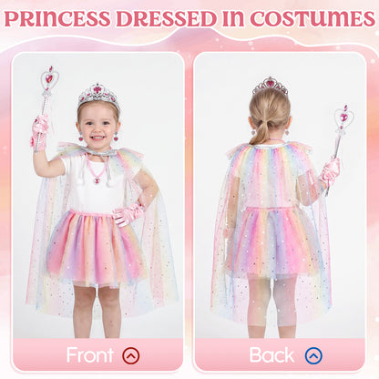 Princess Dress Up for Girls Ages 3-6, Pink Rainbow Princess Costume Set with Cape, Gloves, Crown, Wand & Jewelry, Pretend Play Dress Up Clothes, Birthday Christmas Gifts for Toddler Girls