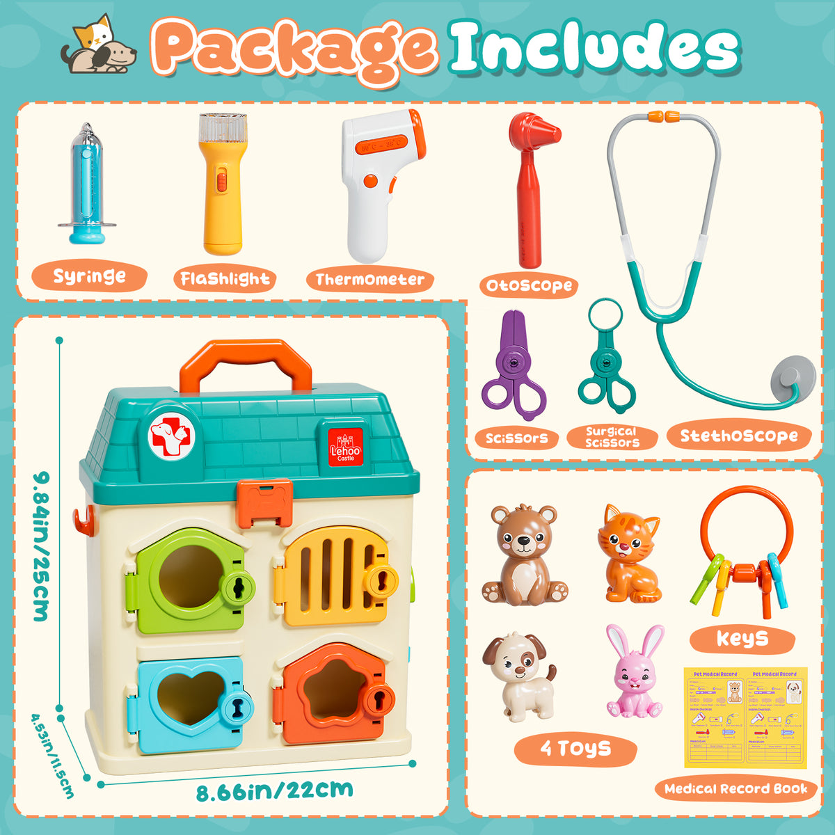 Pet Vet Toys, Hospital Pretend Play Doctor Vet Kit for Toddlers 3-5, Pet Care Role Play Set, Play Veterinarian Set for Kids, Pets Doctor Kit Learning Toys for Boys Girls Birthday Gift