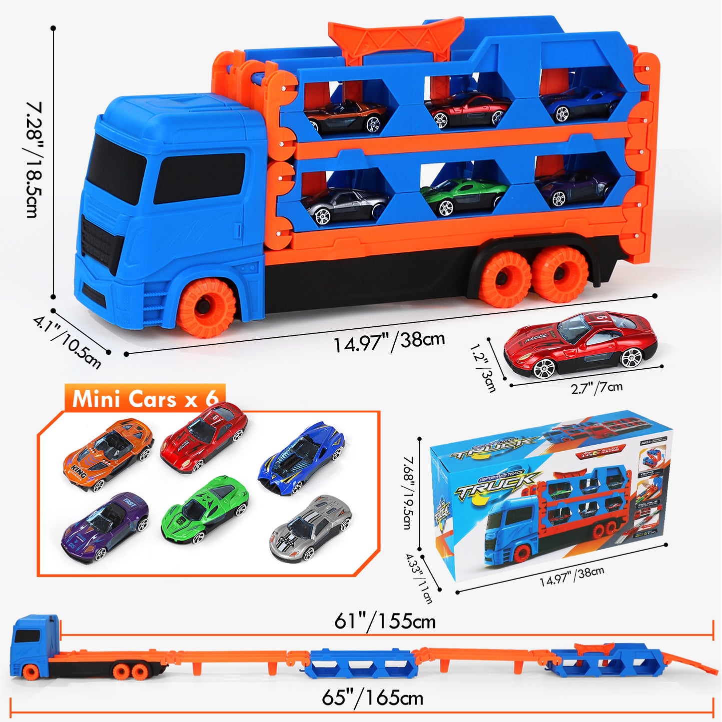 Toy Trucks Cars for Toddlers, Transport Truck Car Toys, Toddler Toys for 3 4 5 6 Years Old Boys, Carrier Truck Toy Cars for Toddlers with 6 Toy Racing Cars, 61" Race Track, Kids Toys for Boys Girls