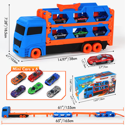 Toy Trucks Cars for Toddlers, Transport Truck Car Toys, Toddler Toys for 3 4 5 6 Years Old Boys, Carrier Truck Toy Cars for Toddlers with 6 Toy Racing Cars, 61" Race Track, Kids Toys for Boys Girls