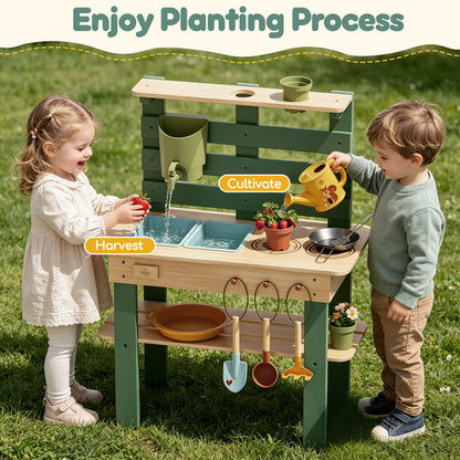 Outdoor Mud Kitchen for Kids, Outdoor Play Kitchen, Wooden Kids Mud Kitchen with Water Tank, Water Play, Cooking, Pretend Play Toys for Boys Girls Age 3+