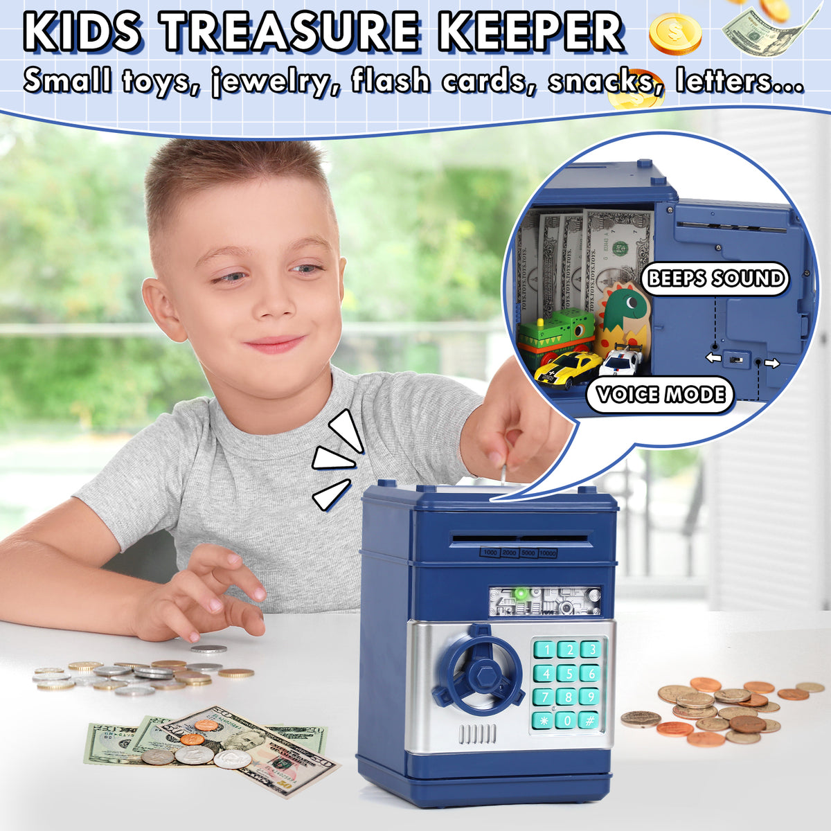 Piggy Bank for Kids Girls Boys, Large Electronic Money Saving Box with Password Protection, Automatic Paper Money Scroll - Blue