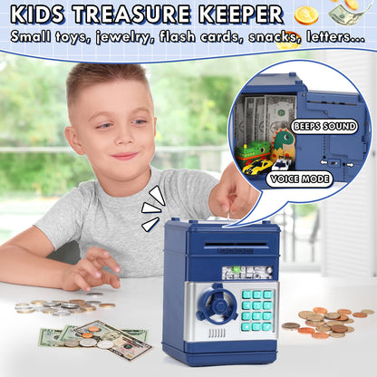 Piggy Bank for Kids Girls Boys, Large Electronic Money Saving Box with Password Protection, Automatic Paper Money Scroll - Blue