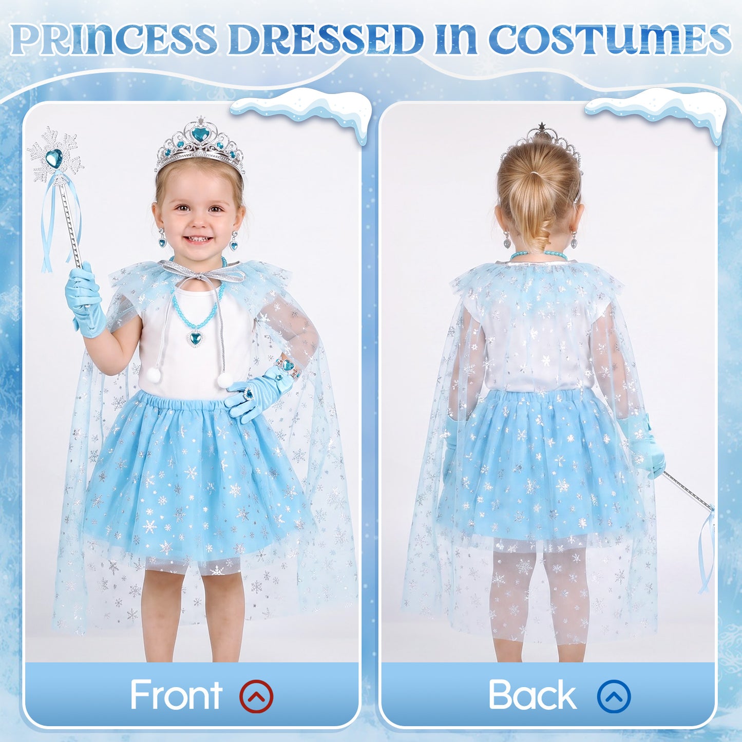 Princess Dress Up for Girls Ages 3-6, Blue Ice Princess Costume Set with Snowflake Cape, Gloves, Crown, Wand & Jewelry, Pretend Play Dress Up Clothes, Birthday Christmas Gifts for Toddler Girls