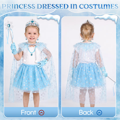 Princess Dress Up for Girls Ages 3-6, Blue Ice Princess Costume Set with Snowflake Cape, Gloves, Crown, Wand & Jewelry, Pretend Play Dress Up Clothes, Birthday Christmas Gifts for Toddler Girls