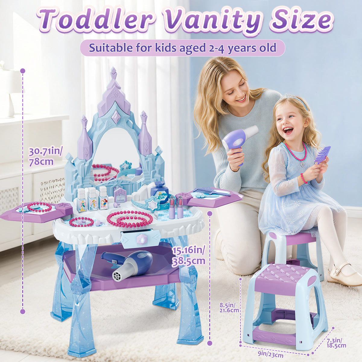 Toddler Vanity Makeup Table Toy with Mirror & Chair, Kids Vanity Set with Light & Music, Pretend Play Princess Dress Up Vanity Set, Gifts for 4 Year Old Girls