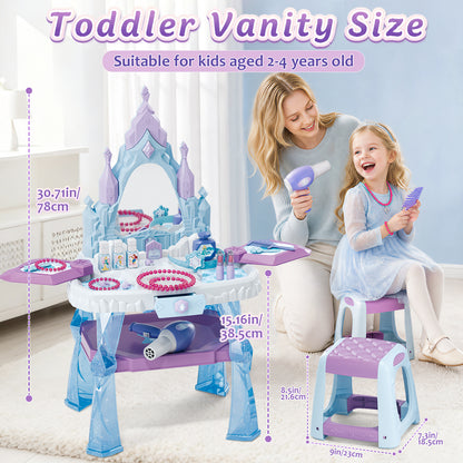 Toddler Vanity Makeup Table Toy with Mirror & Chair, Kids Vanity Set with Light & Music, Pretend Play Princess Dress Up Vanity Set, Gifts for 4 Year Old Girls