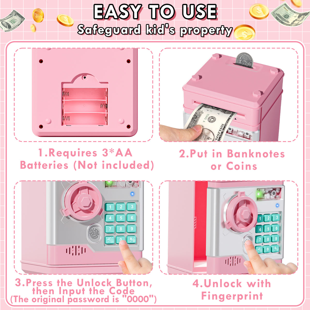 Piggy Banks for Kids, Fingerprint Recognition Electronic Money Saving Box with Password Protection, Automatic Paper Money Scroll - Pink