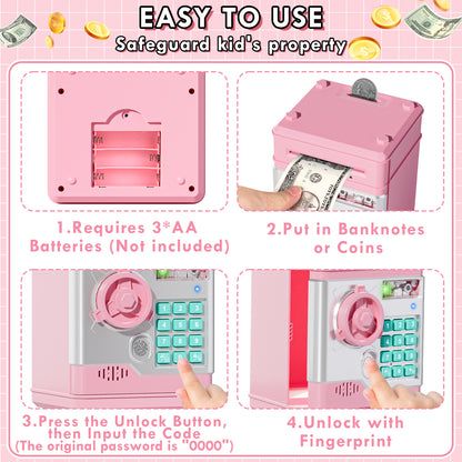 Piggy Banks for Kids, Fingerprint Recognition Electronic Money Saving Box with Password Protection, Automatic Paper Money Scroll - Pink