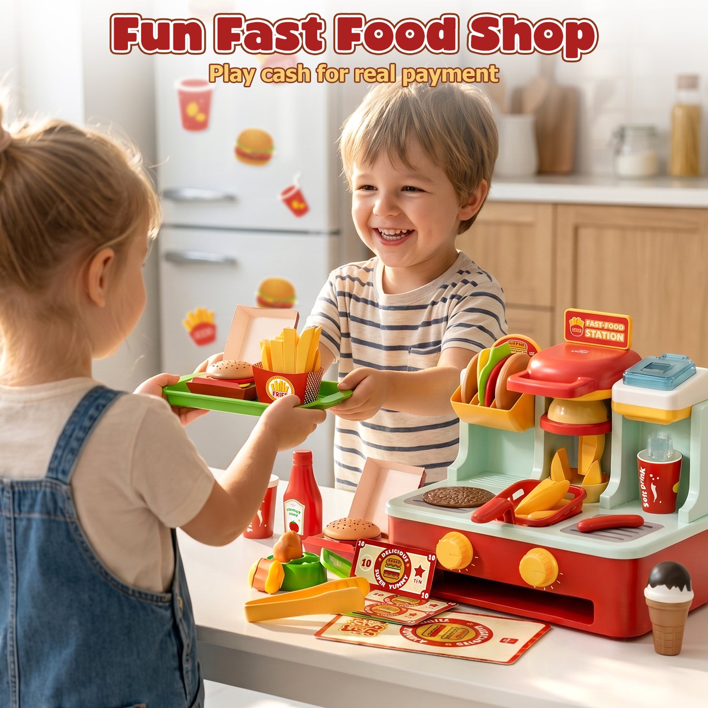 Play Food Sets, Pretend Play Toys for Girls, Play Kitchen Accessories with Hamburgers & ice cream & fries, Preschool Learning Education Toys for Kids 2 3 4 5 6 Year Old
