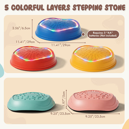 Stepping Stones for Kids, Upgraded Support Bones, 5 Pcs Non-Slip Balance Stepping Stones with Light & Music, Up to 220 lbs, Coordination Skills Sensory Toys, Outdoor Toys for Kids Ages 4 8
