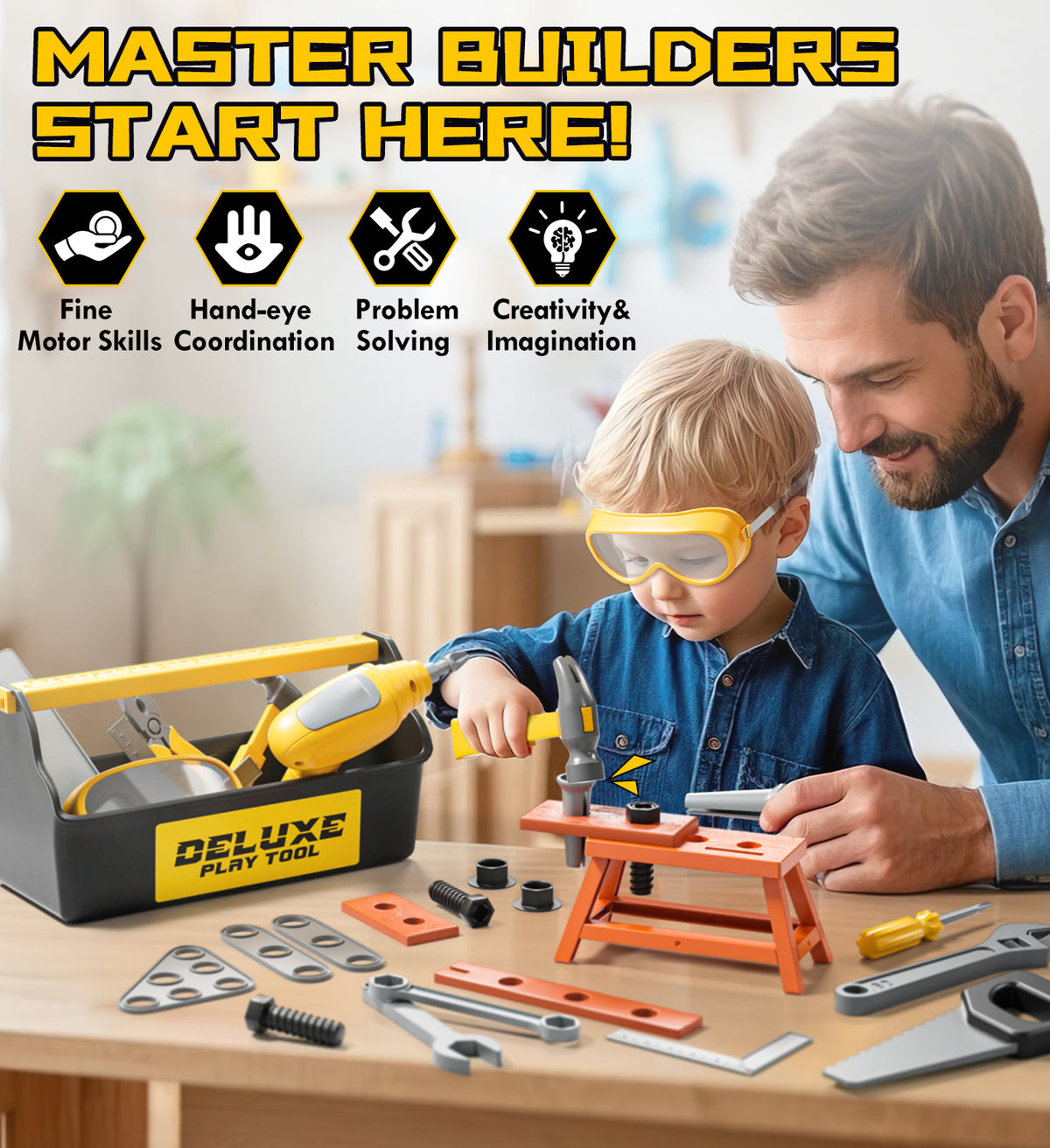 Kids Tool Set – Toddler Tool Set with Construction Vehicle & Electronic Toy Drill, Pretend Play Kids Toys, Toy Construction Tools for Kids Ages 3 4 5 6 7 8 Years Old (Black & Yellow)