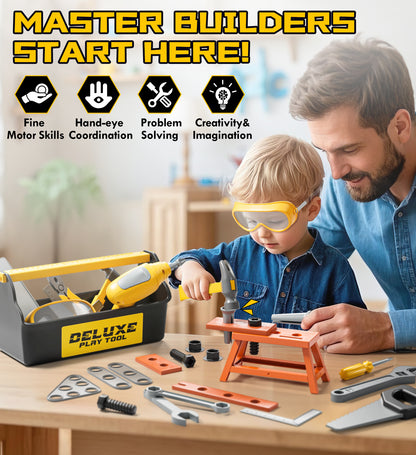 Kids Tool Set – Toddler Tool Set with Construction Vehicle & Electronic Toy Drill, Pretend Play Kids Toys, Toy Construction Tools for Kids Ages 3 4 5 6 7 8 Years Old (Black & Yellow)