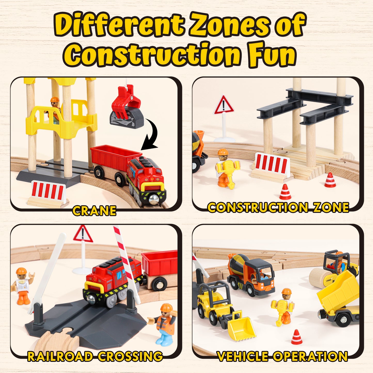 Train Set, 68 Pcs Wooden Train Set for Kids, Train Toy for Boy 2 3 4 5 Year, Train Track Set with Crane & Accessories, Toy for 2 Year Old Kids Birthday Gift, Compatible with Other Brands