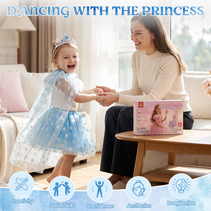 Princess Dress Up for Girls Ages 3-6, Blue Ice Princess Costume Set with Snowflake Cape, Gloves, Crown, Wand & Jewelry, Pretend Play Dress Up Clothes, Birthday Christmas Gifts for Toddler Girls