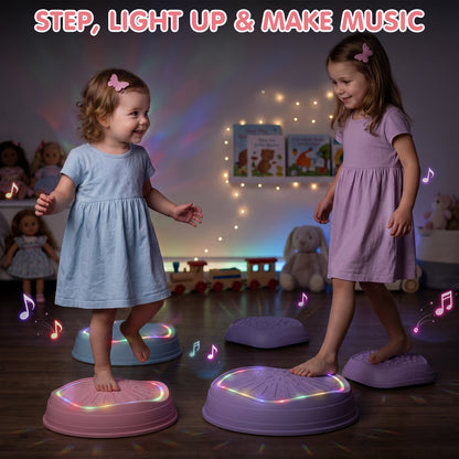 Stepping Stones for Kids, Upgraded Support Bones, 5 Pcs Non-Slip Balance Stepping Stones with Light & Music, Up to 220 lbs, Coordination Skills Sensory Toys, Outdoor Toys for Kids Ages 4 8 - Purple