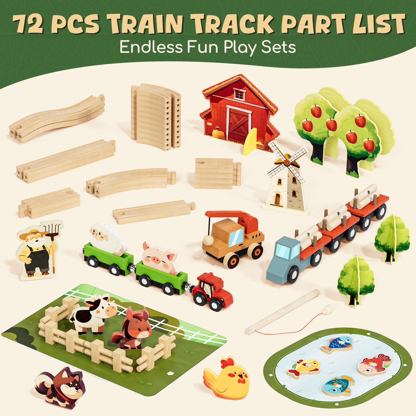 Farm Animals Train Toy Set, 77PCS Wooden Train Track Toy Set with Farm Accessories, Wooden Train Set for Kids 3 4 5 Year Old, Best Birthday Gift for Kids