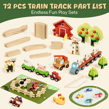 Farm Animals Train Toy Set, 77PCS Wooden Train Track Toy Set with Farm Accessories, Wooden Train Set for Kids 3 4 5 Year Old, Best Birthday Gift for Kids