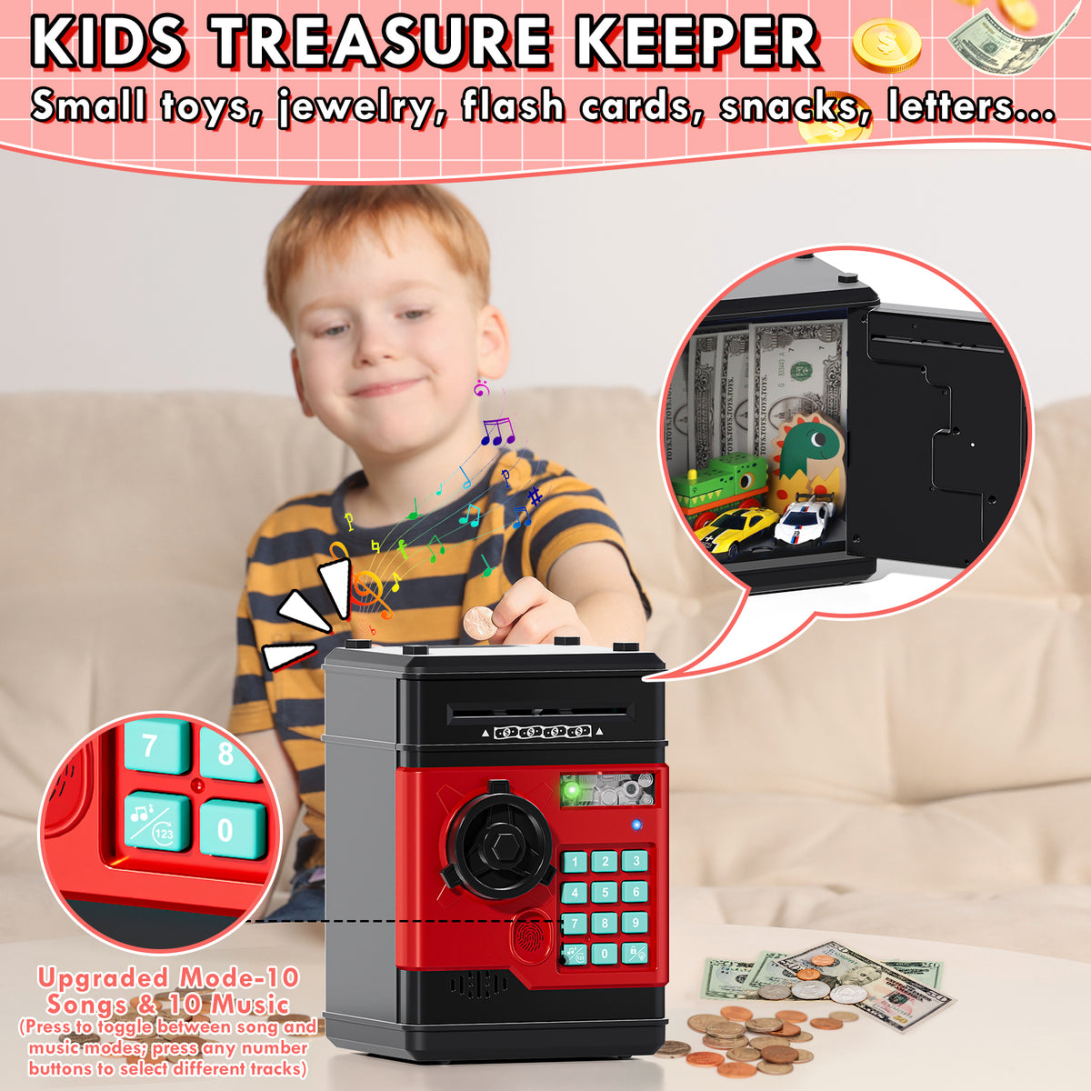 Piggy Banks for Kids, Fingerprint Recognition Electronic Money Saving Box with Password Protection, Automatic Paper Money Scroll - Red