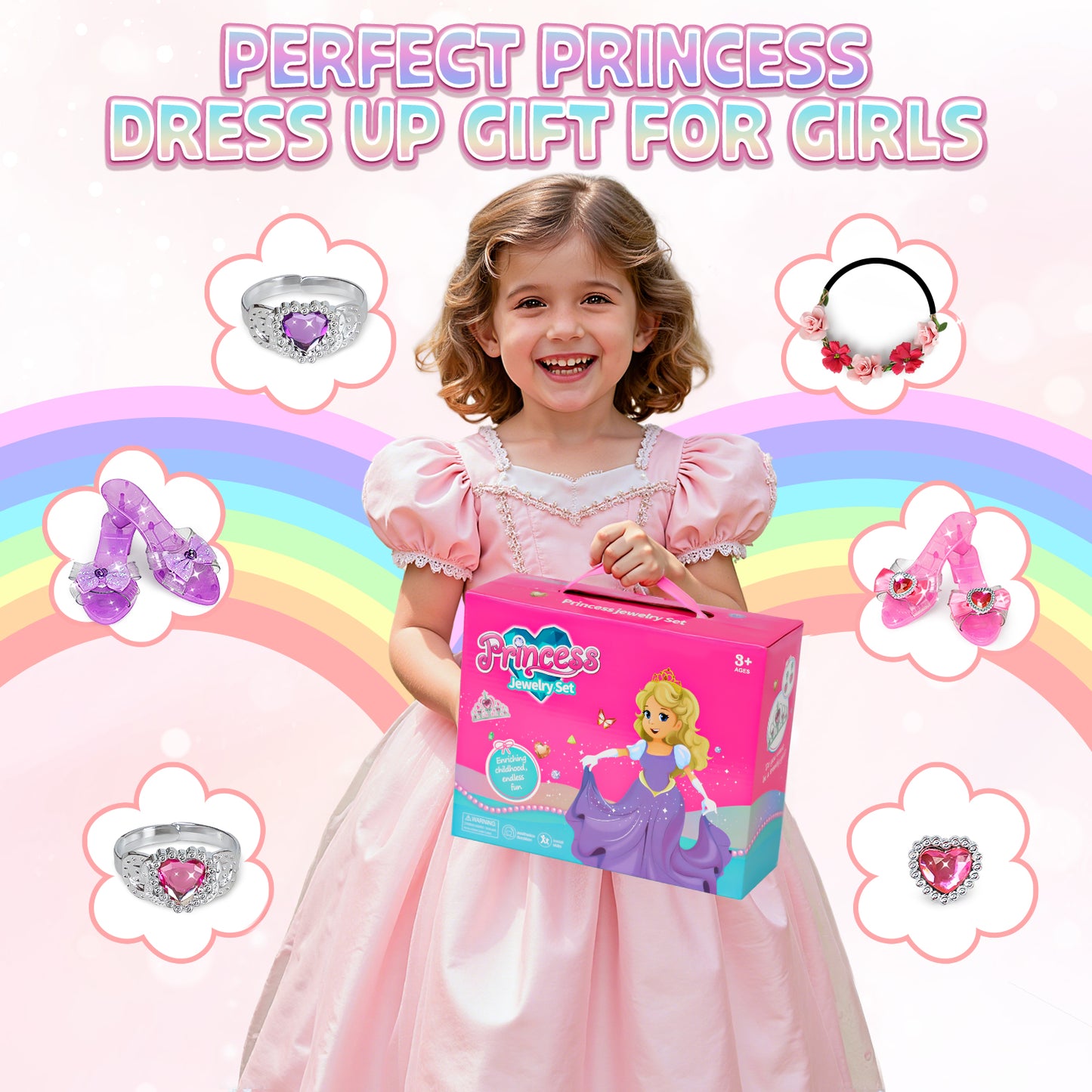 Princess Dress Up, Toddler Princess Dress Toys Costumes Set with Skirts, Shoes, Crowns, Pretend Play Princess Dress Up for Girls 4-6 Birthday Gift