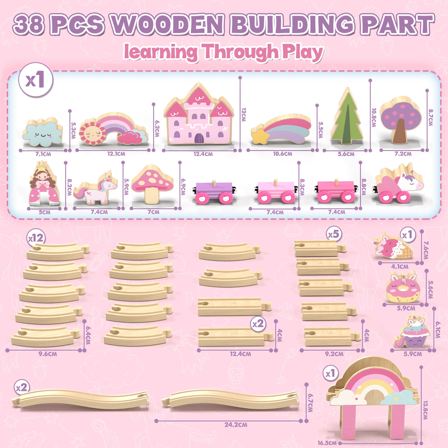 Train Set, 39 Pcs Wooden Train Set for Kids, Train Toy for Girls Boys 2 3 4 5 Year, Unicorn Train Track Set with 4 Magnetic trains & Accessories, Compatible with Other Brands