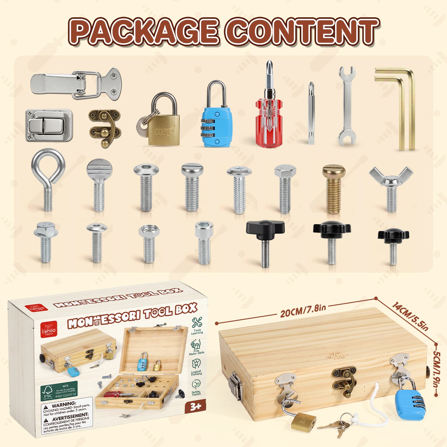 Montessori Busy Board, Montessori Toys for 3 Year Old, Portable Busy Board with Lock and Key for 3 4 5 Year Old Kids, Wooden Kids Tool Set with Storage Box, Preschool Learning Toys